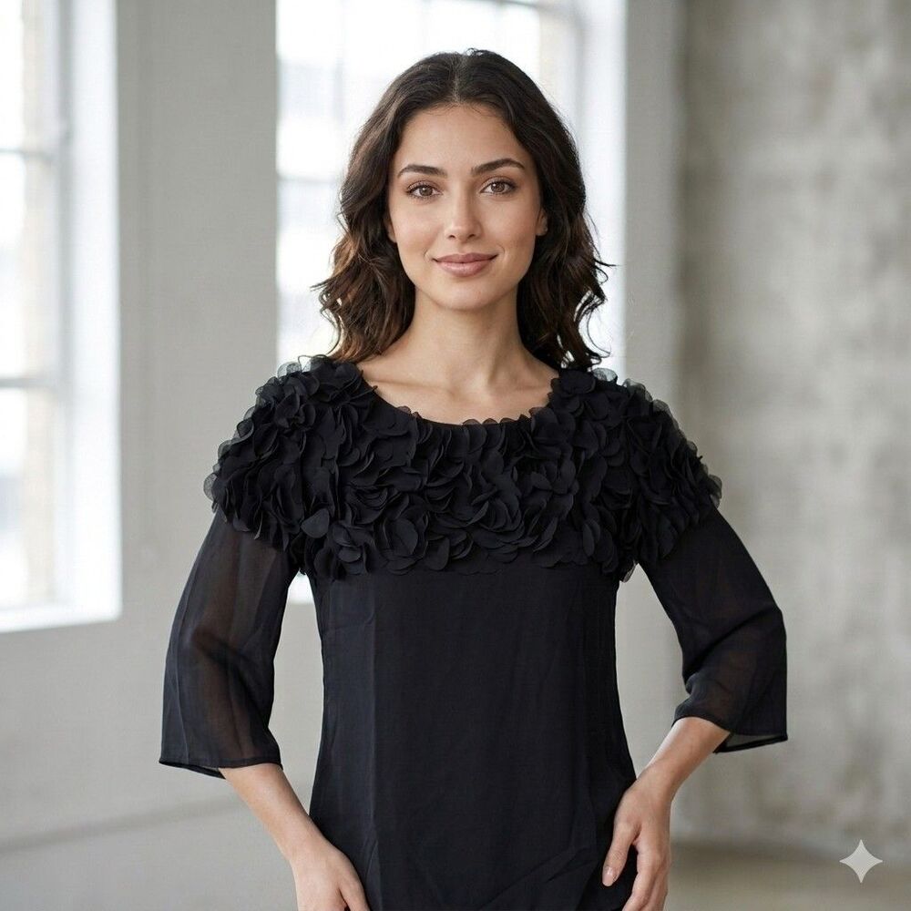 Antthony Studio Black Sheer Blouse Size 8 3D Floral Petal Ruffle Chiffon Top
